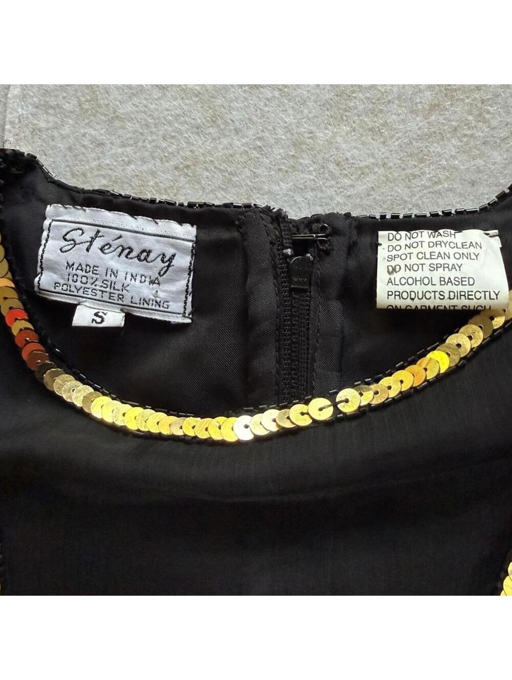 Vintage 1980s Stenay Black Gold Silk Sequin Beaded Floral Blouse Women's Small - Picture 6 of 6